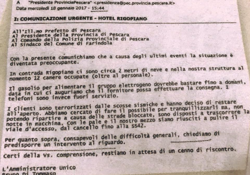 E mail del 18 gennaio 2017 inviata dall’amministratore dell’Hotel di Rigopiano